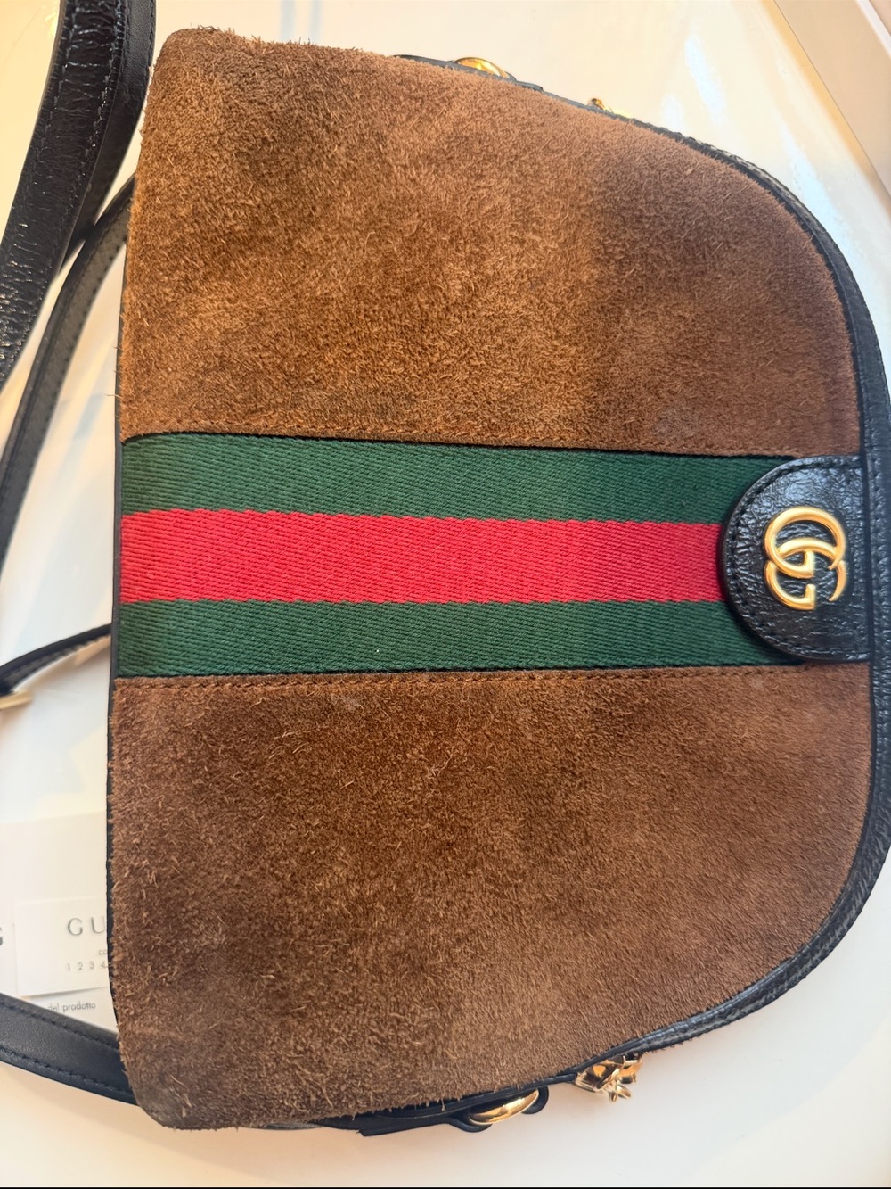 Gucci Brown Suede Crossbody with Green and Red Web Stripe - Picture 2 of 4
